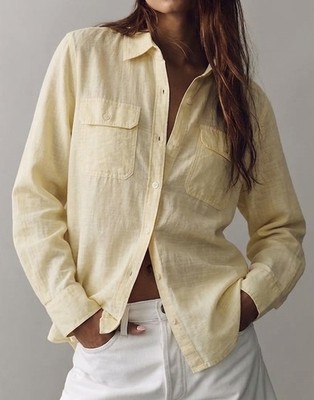 Chaps Pastel Yellow Linen Cotton Utility Button Down Shirt M Coastal Beachv Chic