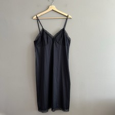 Vanity Fair Baby Doll Lace Trim Slip Dress Lingerie Knee Length Black Sz 40
