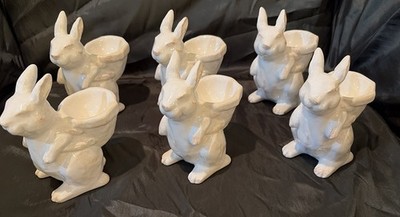 6 Pottery Barn White Easter Rabbit Bunnies With Egg Basket Cups Glazed Ceramic