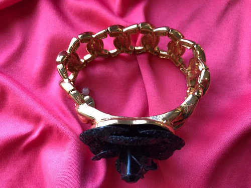 Betsey Johnson Vintage GROß Schwarz Glitzer Rose Blume Gold Kette Gliederarmband - Bild 6 von 6