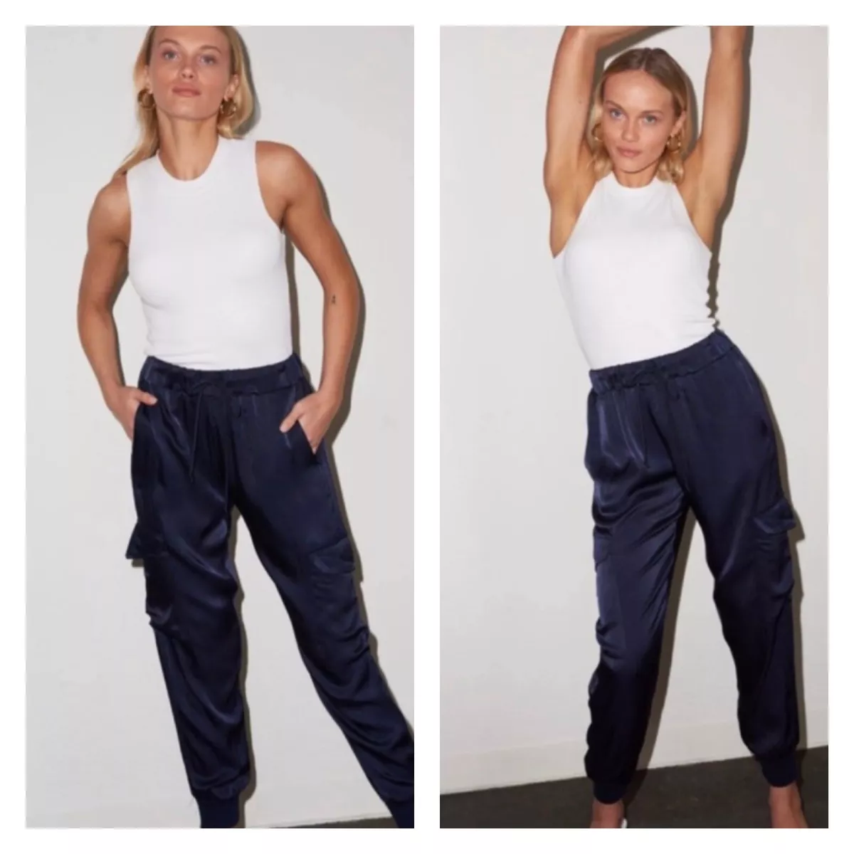 LNA x Revolve Navy Blue Satin Cargo Jogger Pants XS NWT Comfy Dressy Pants