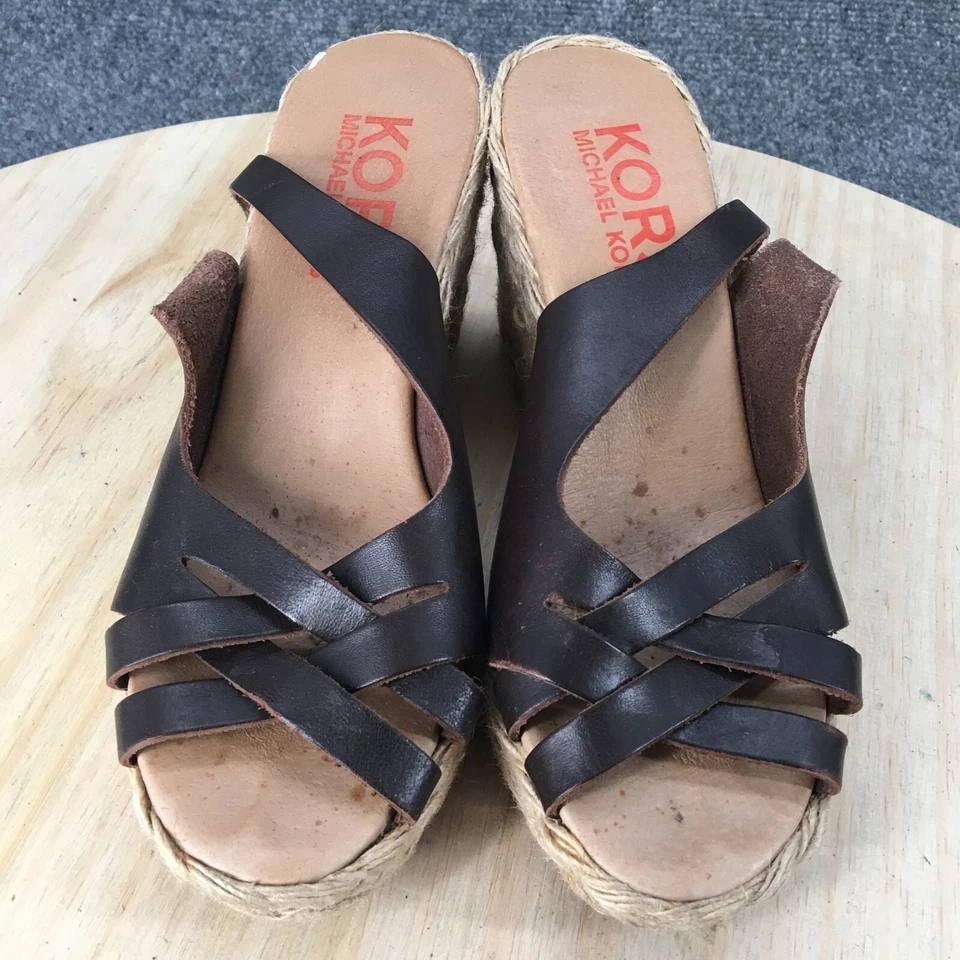 Michael Kors Heels Women 6 Platform Wedge Espadrille Brown Leather Sling back - Image 4 of 4