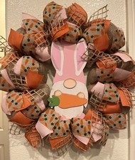 Farmhouse GNOME BUNNY     EASTER Burlap WELCOME Deco Mesh WREATH 22 x 22