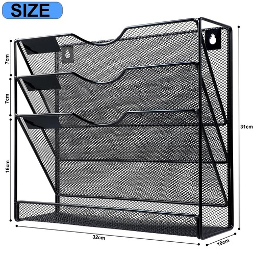 4-Tier Mesh Wall File Organizer Black with Label Hooks Office Magazine Rack - Picture 2 of 7