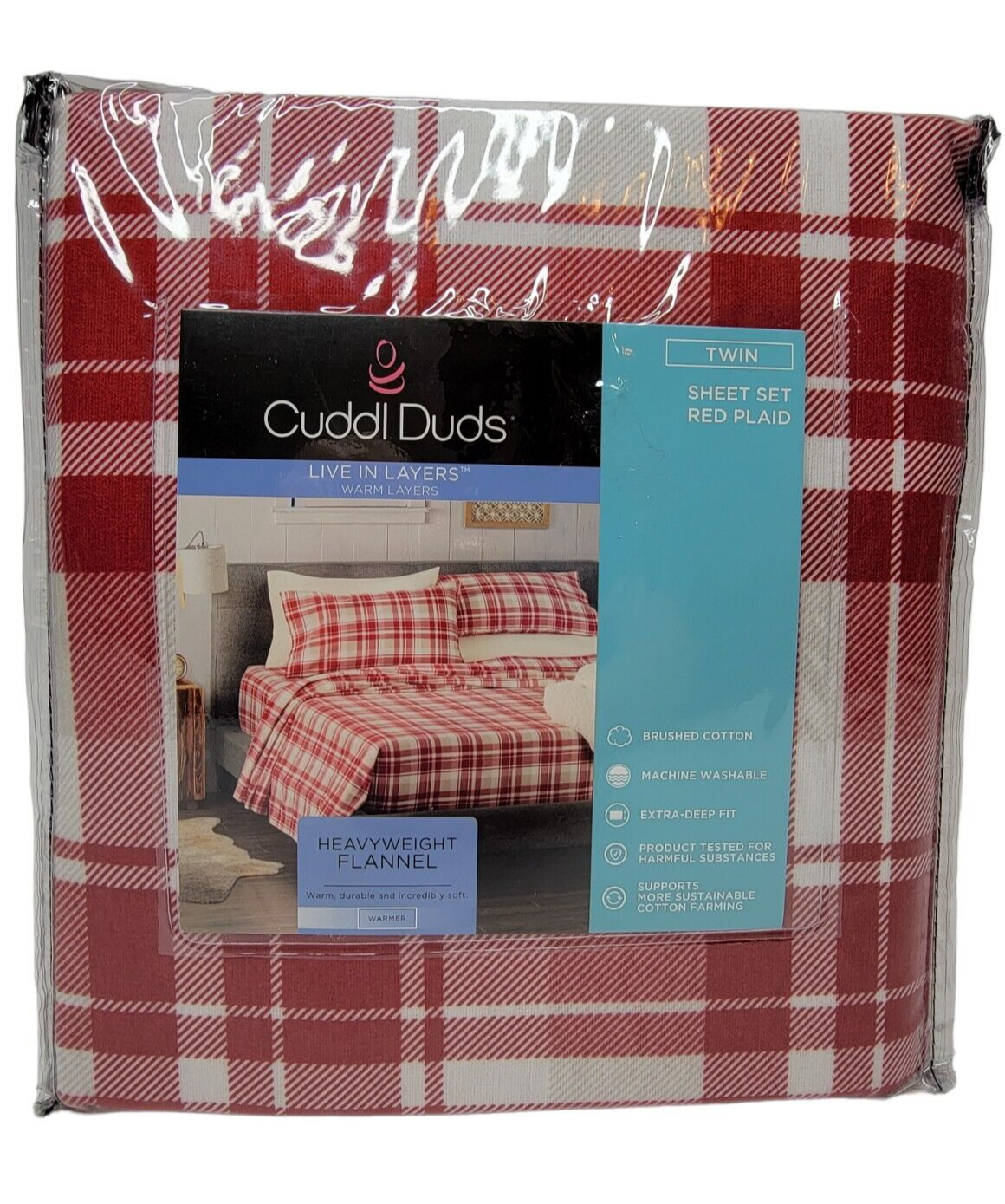 CUDDL DUDS Twin Size HEAVY WEIGHT FLANNEL Red Ivory Plaid Sheet Set