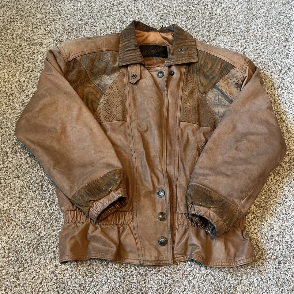 Chaqueta Bomber Vintage Winlit Cuero Patchwork Estampado Mixto Talla S