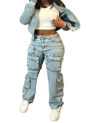 LABIJOU Womens Multi Pocket Wide Leg Jeans 11 pockets Large/26X31