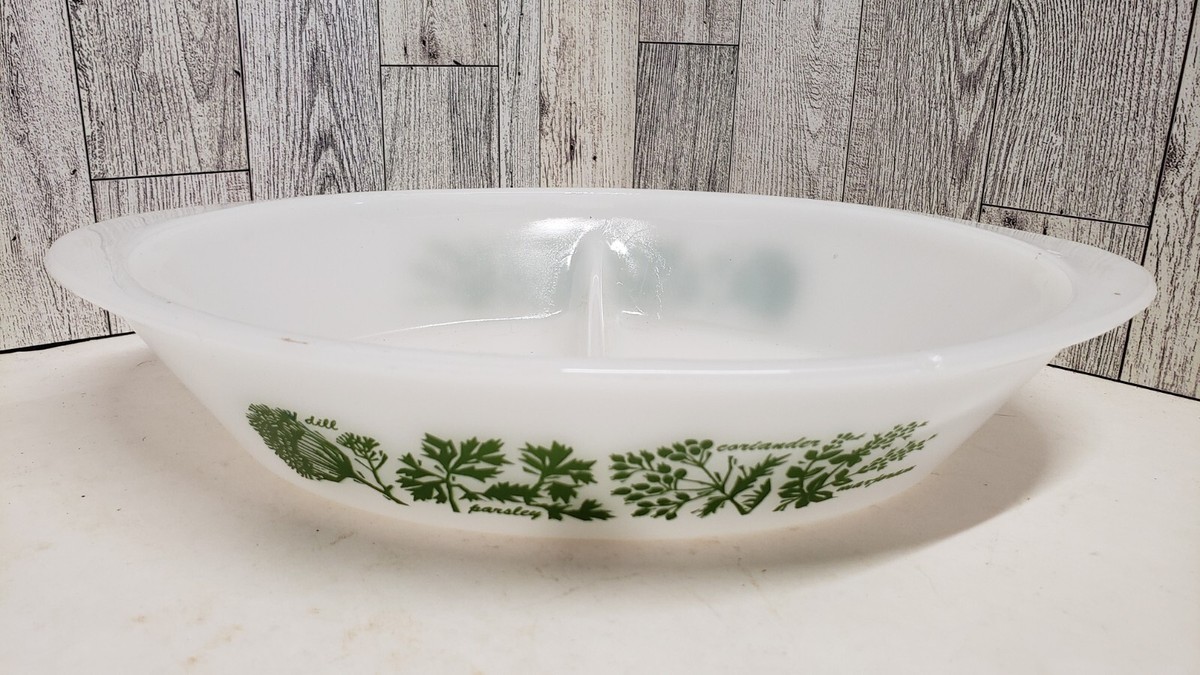 Vintage Glasbake Herb Garden Milk Glass J235 Casserole Dish
