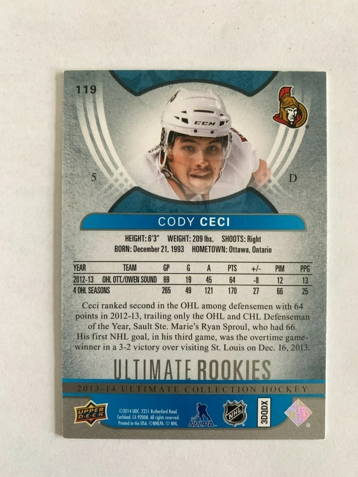 2013-14 Ultimate Collection #119 Cody Ceci 343/499 RC - Ottawa Senators - Image 2 of 2