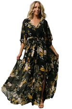 Baltic Born XXXL Black Floral Kimono Wrap Maxi Dress Belted V-Neck Polyester
