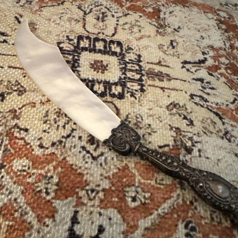 Antique 7" Caviar Knife / Letter Opener Mother of Pearl W Sterling Silver Handle - Image 3 of 4