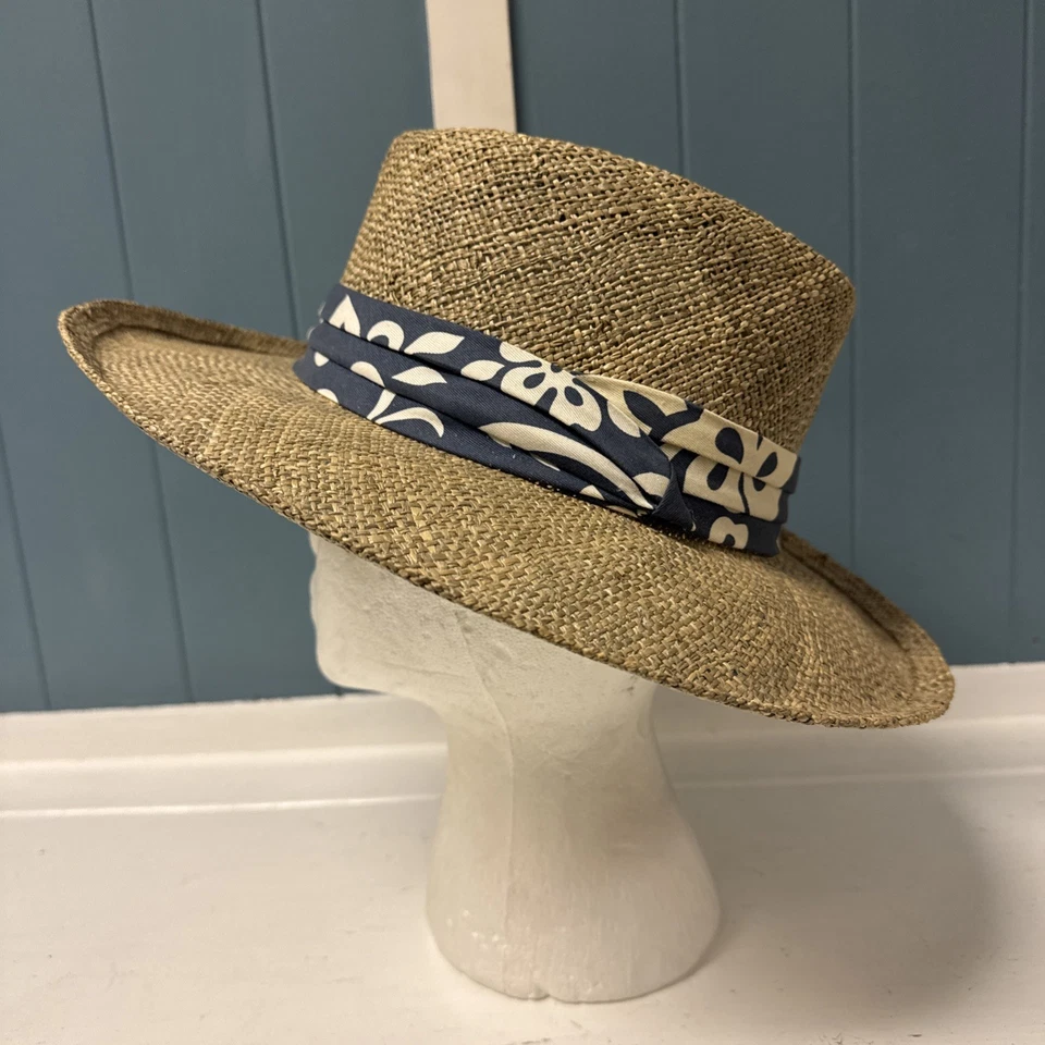 Sombrero de Paja Clásico Cambridge De Colección Con Estampado Floral Azul Hawaiano Talla M Foto 2 de 4