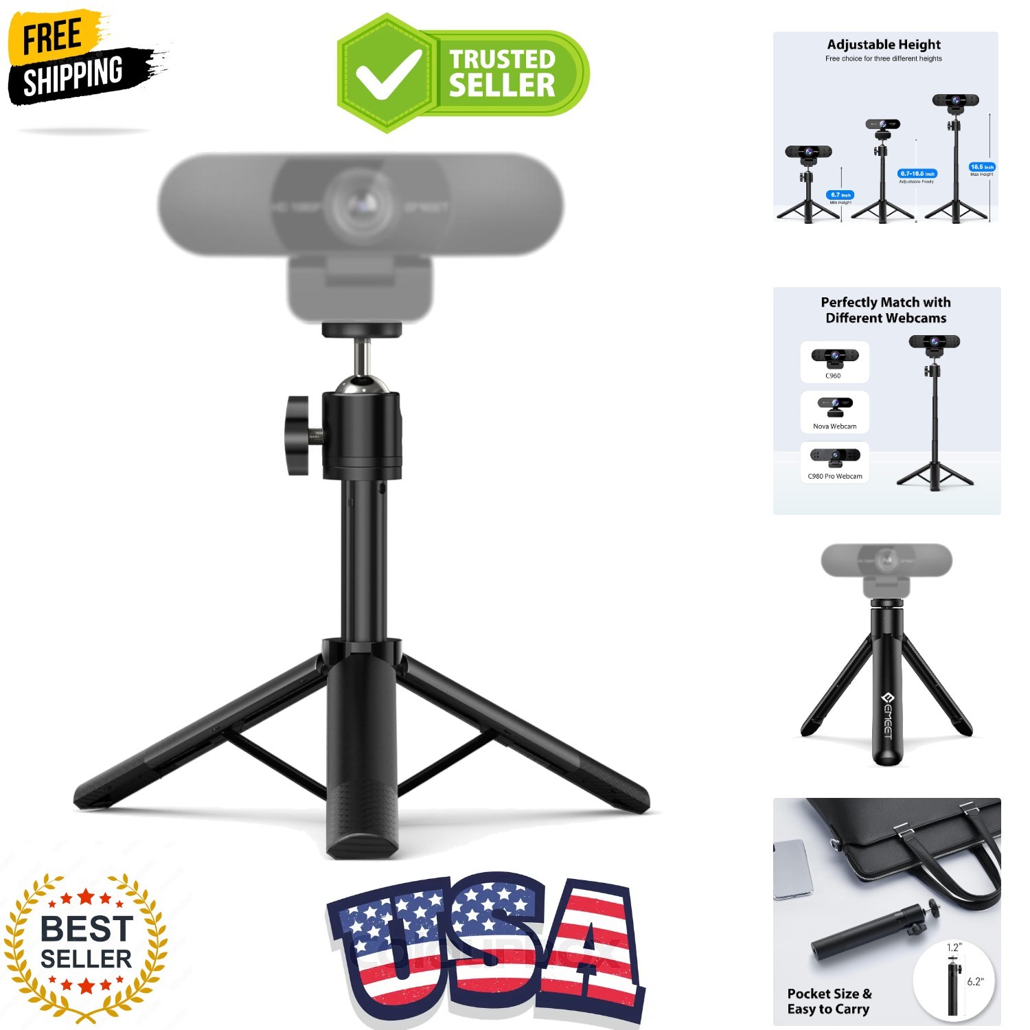 Webcam Tripod, Professional Webcam Mini Tripod, Adjustable Heights with 360° ...-image