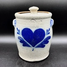 Rowe Pottery Stoneware 7.75" Crock Canister Salt Glaze w/Lid Heart Ric Lamore