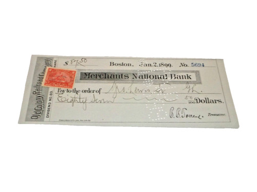 JANUARY 1899 OLD COLONY RAILROAD NEW HAVEN RAILROAD COMPANY DIVIDEND CHECK #5694