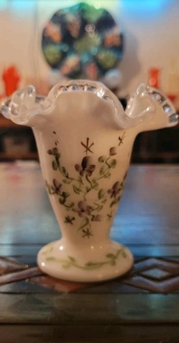Fenton Art Glass 4" Hand-Painted Floral Silvercrest Vase