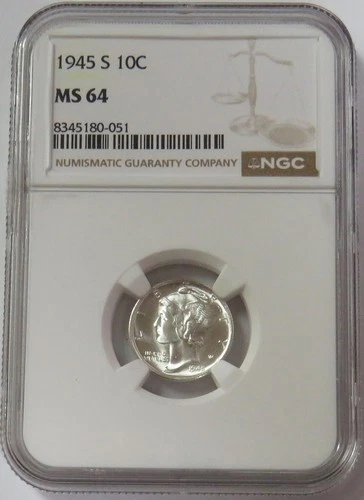 1945 S SILVER MERCURY DIME 10C NGC MS 64