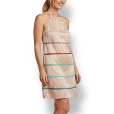 Women's Taupe Halter Crepe Dress Embroidered Stripes Pearl Button Back Medium