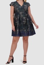 Vince Camuto Women's Green V-Neck Cap-Sleeve Jacquard Dress Plus Size 16W