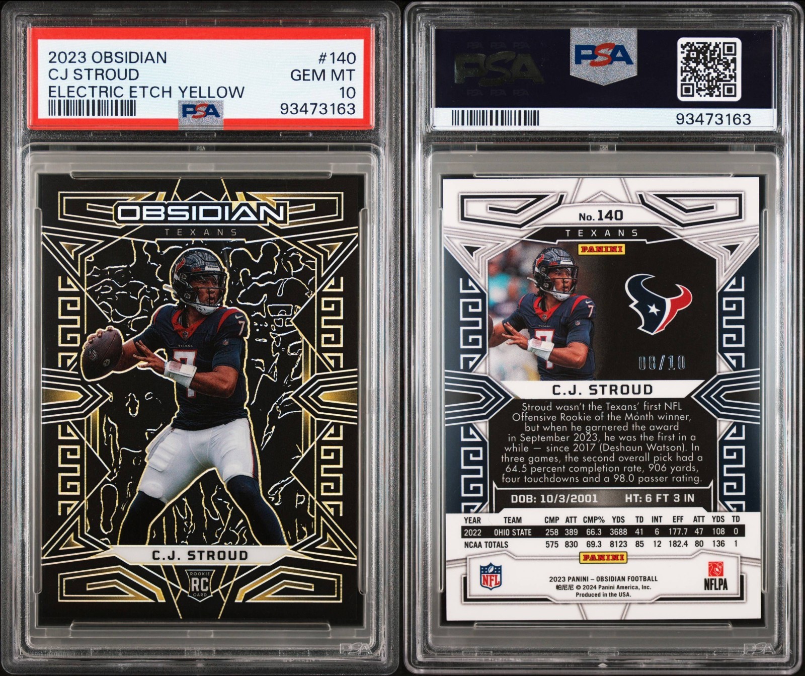 💎POP 3💎 2023 Obsidian CJ Stroud Electric Etch Yellow /10 #140 PSA 10