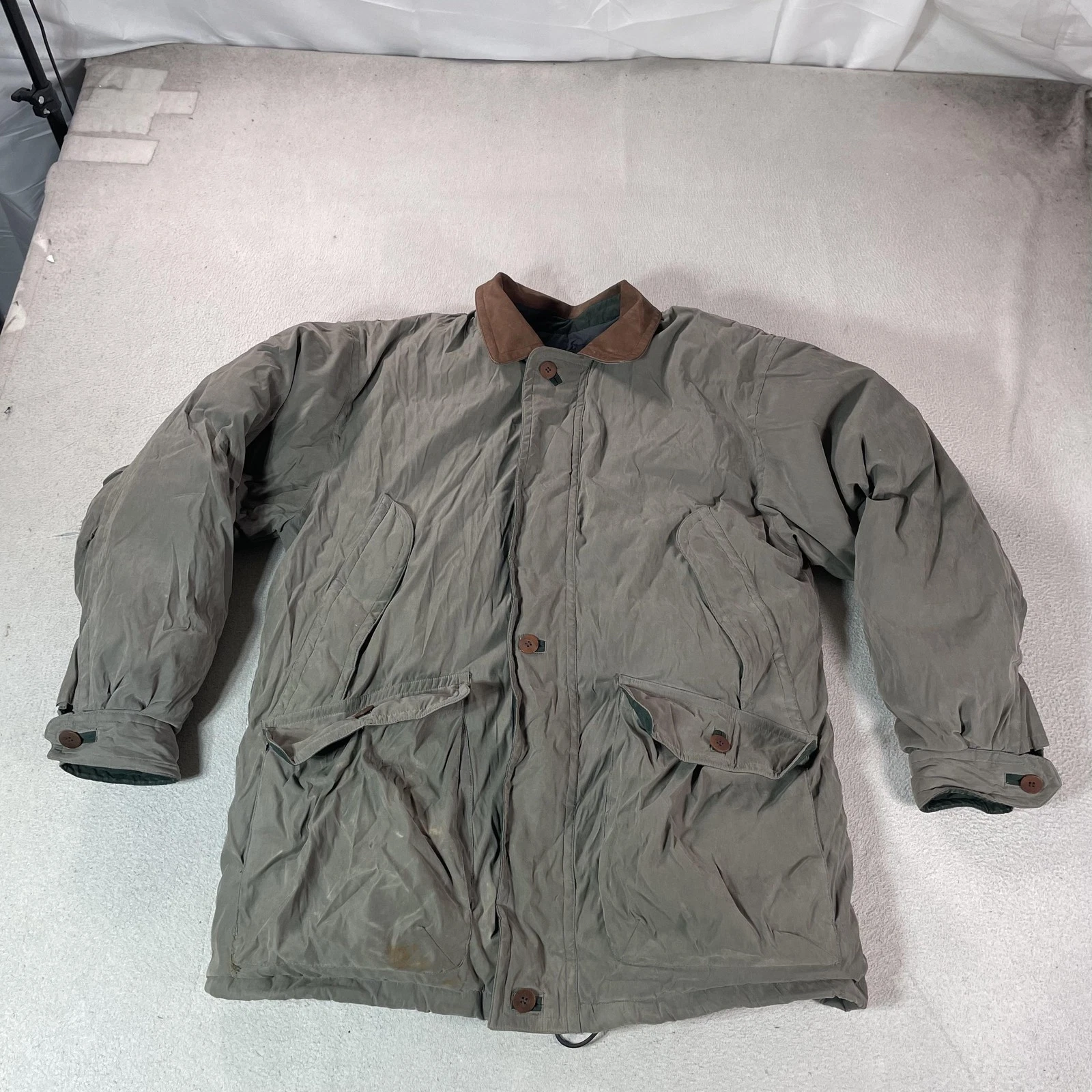 Forest Club Down Jacket Mens Medium Green Parka Leather Collar Outdoor Winter
