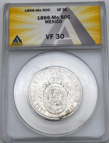1866 MO Mexico 50 Centavos Maximilian ANACS VF30 Empire KM#387 Certified Graded