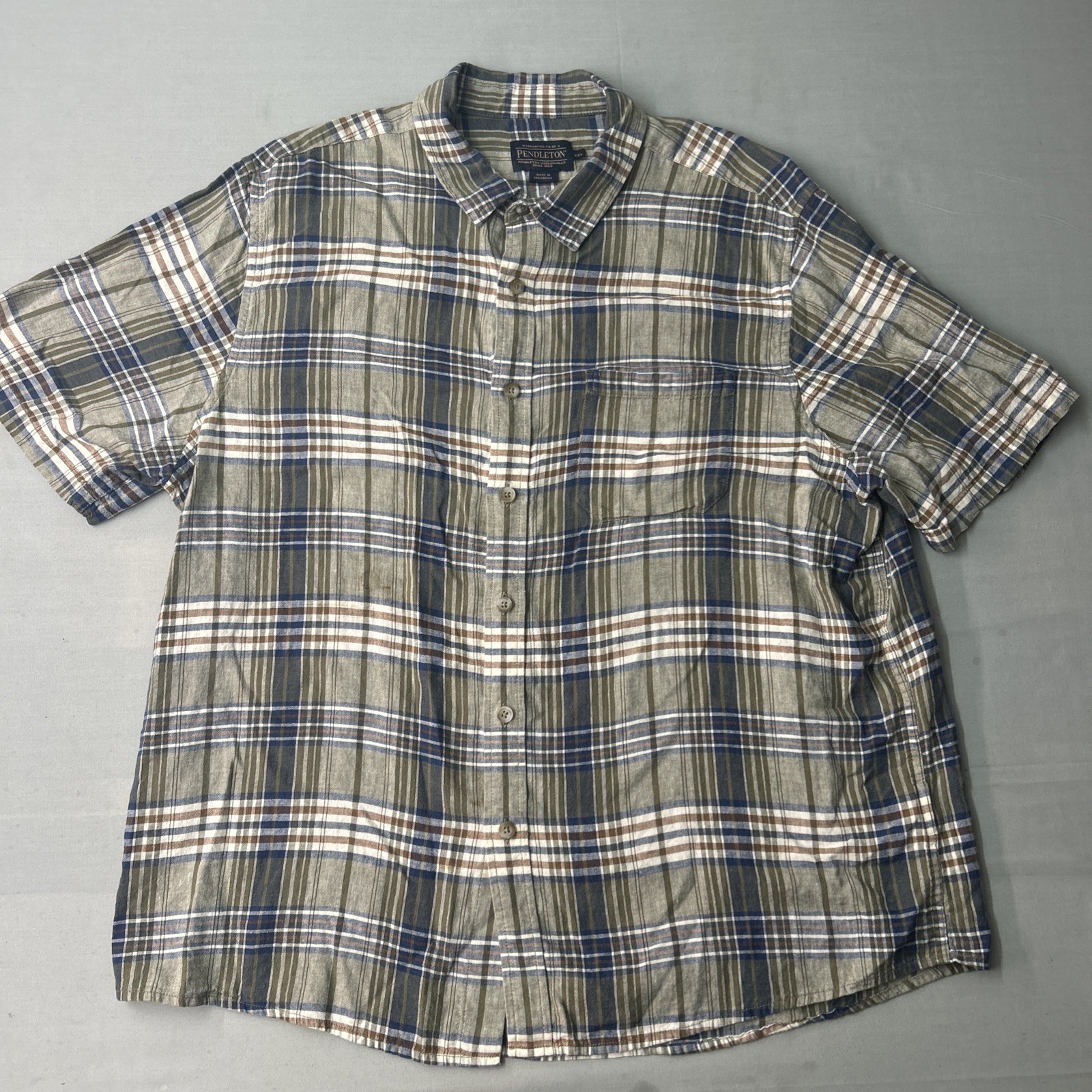 Pendleton Linen Blend Short Sleeve Plaid Button Down Shirt Men's 2XL
