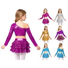 Kids Girls Dance Outfits One Shoulder Dancewear Ballroom Figure Skating Shiny