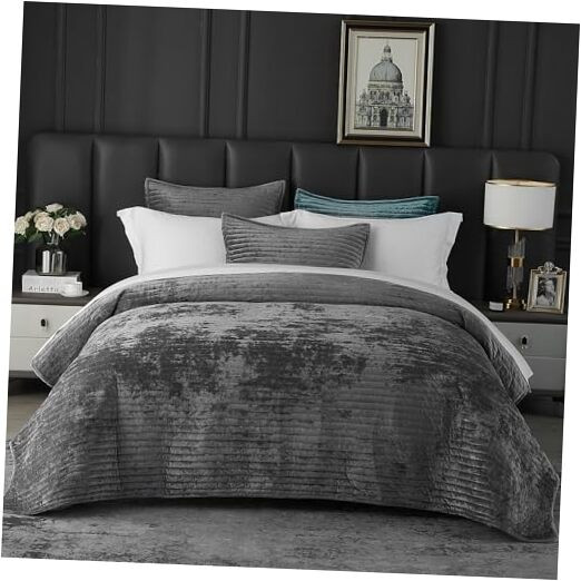 Velvet Quilts Queen Size Luxurious Soft Coverlet Striped Bedding Set Gray