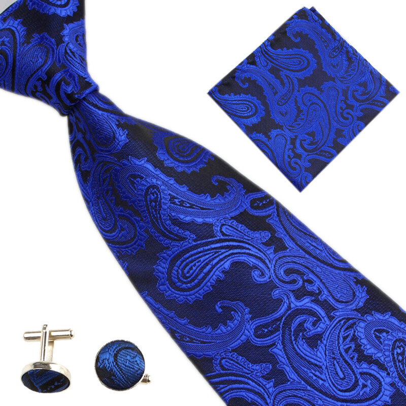 Mens Tie Set Wedding Business Black Paisley Cufflinks Pocket Square