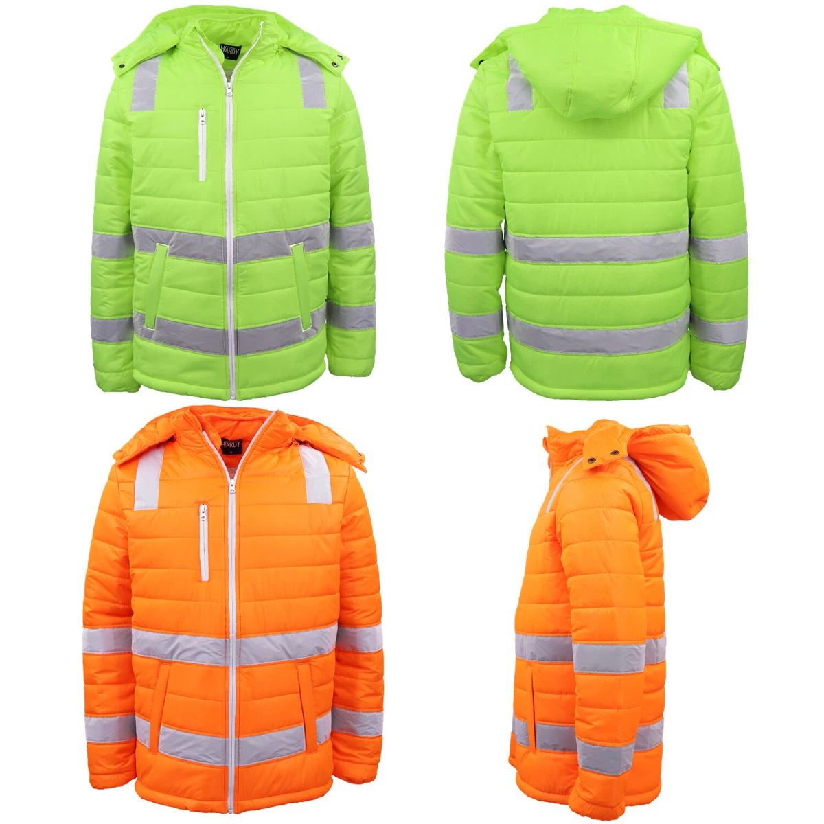 HI VIS Puffer Jacket w Reflective Tape Removable Hood Fleece Padded Safety Coat