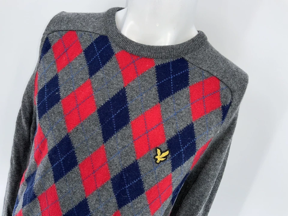 Lyle & Scott Argyle Crew свитер M мужчин серый синий красный шерсти длинный Slv Великобритании YGI N4-144 - Изображение 3 из 4
