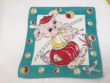 Vintage Teal Edge Hankie with Dog Wearing Red Hat Playing Baseball with Bases