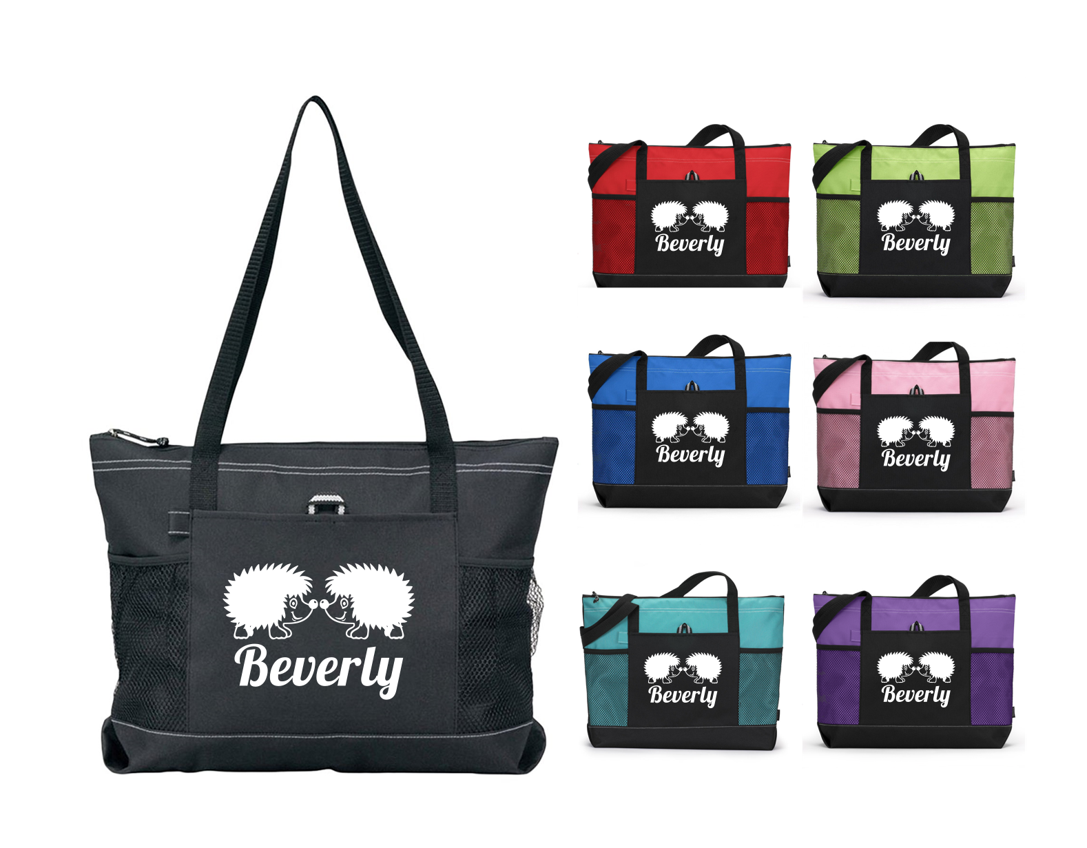 Hedgehog with Name Personalized Zippered Tote Travel Gym Diaper Bag Purse