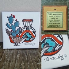 Vintage Cleo Teissedre Ceramic Tile Coaster Trivet Roadrunner Southwestern 1992