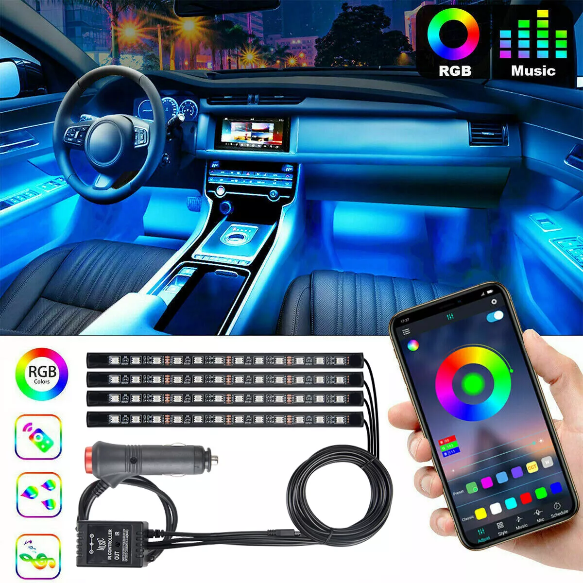 4 in1 48 LED RGB Car Interior Atmosphere Light Strip bluetooth APP
