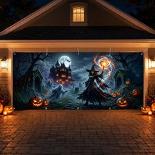 16 x 7 FT Halloween Witch Garage Door Cover Banner Spooky Witch Haunted House