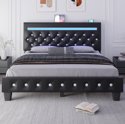Queen Black Faux Leather Upholstered Bed Frame LED Tufted Charging Headboard