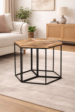 Couchtisch Mangoholz Set 3-teilig Vintage Beistelltisch Modular Metallgestell