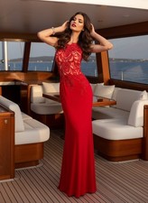 Red Stretch Jersey Lace Dress Size 6 Formal Evening Gown Event Holiday