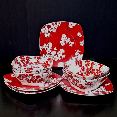 222 Fifth Mia Blossom Red Fine China  4 Square Salad Plate & 4 Square Bowl