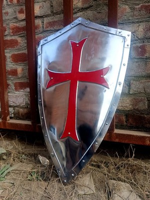 Crusader Heater Shield   28'' inche  Red Templar Cross   18-Gauge Steel   LARP Co