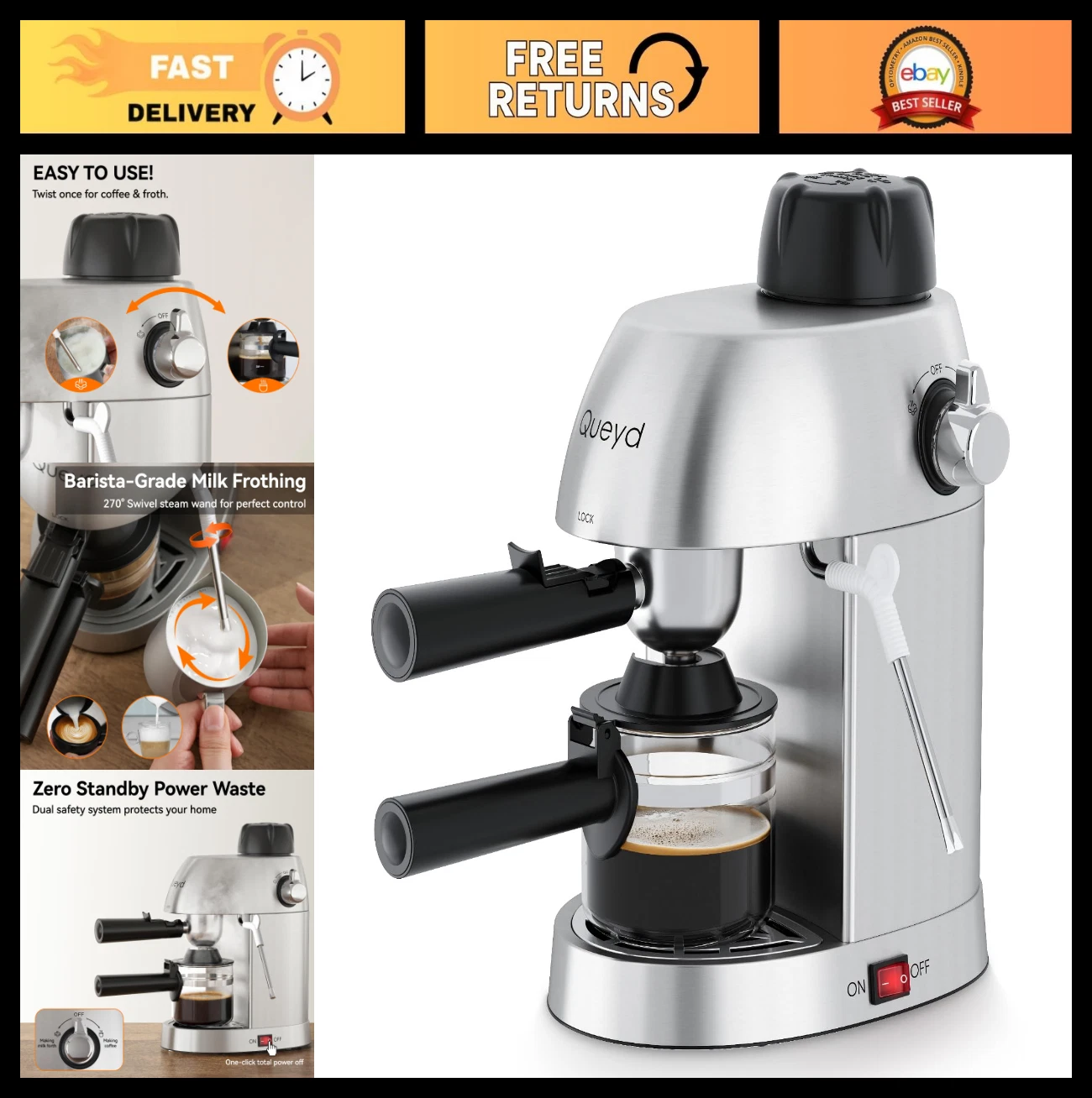 Compact 3.5 Bar Espresso Machine for Home - 4 Cup Cappuccino Maker with Milk Fro