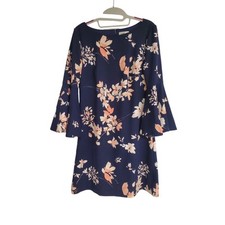 Women's Eliza J Navy & Pink Floral Knee Length Dress w/ Bell Sleeves | Size 8