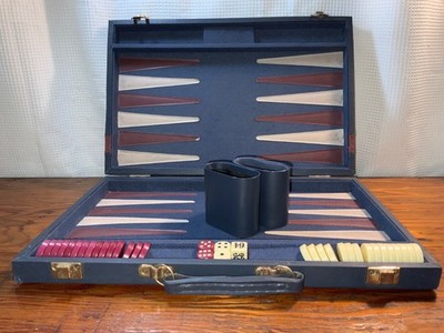 Vintage Backgammon Set Blue/ Burgundy Vinyl Case All Pieces Complete