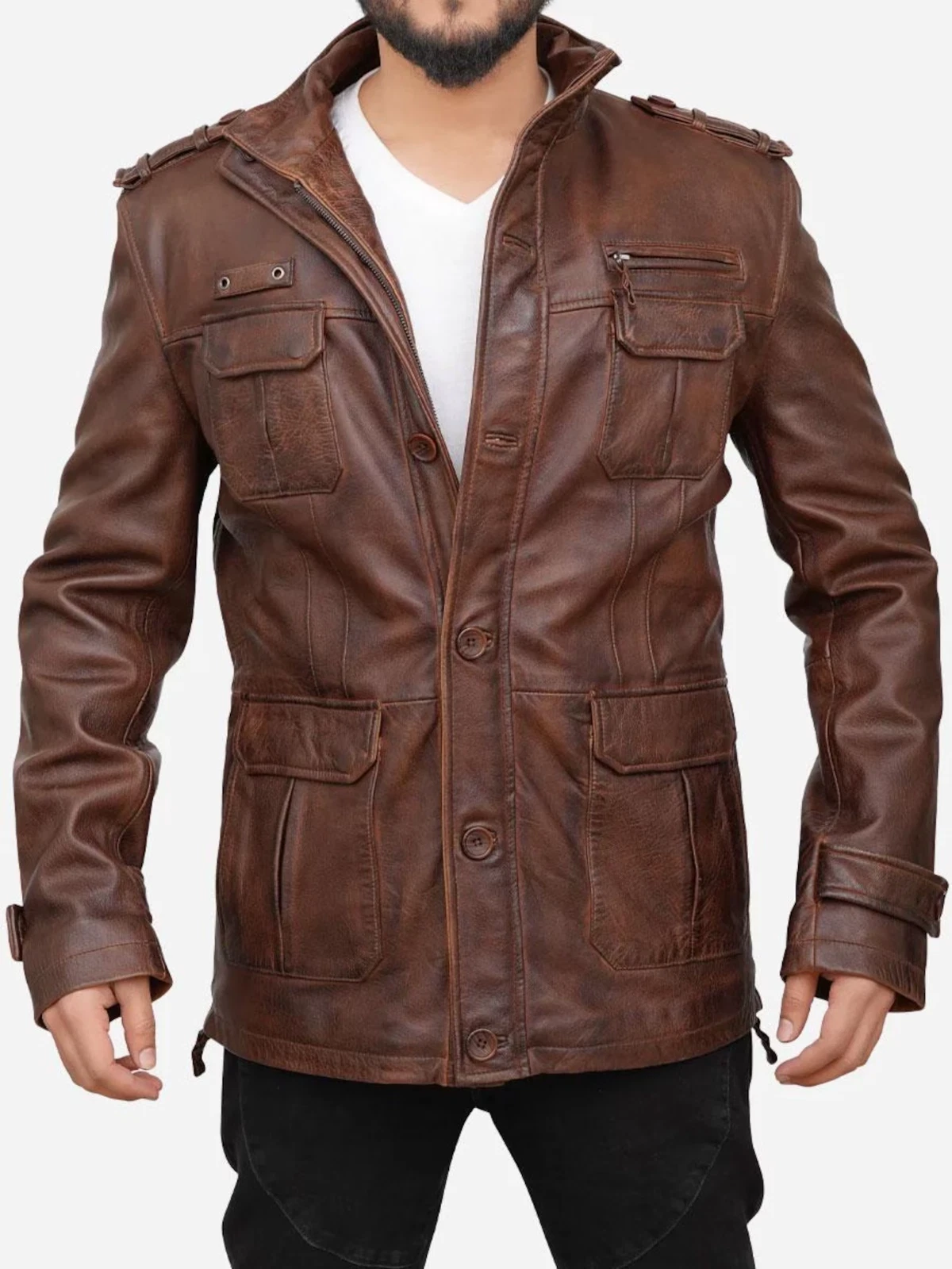 Men's Brown Field Leather Classic Jacket Pure Leather ¾ Length Vintage Jacket