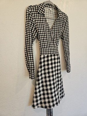 Diane Von Furstenberg Amelianna Gingham Collar Black White Wrap Dress DVF Size12
