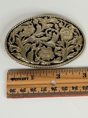 Vintage Brass & Guilloche Enamel Belt Buckle with Floral Design Black & Gold Acc Vintage Brass Belt Buckle: Intricately Carved and Designed  main image 2