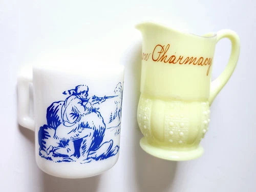 VTG Davy Crockett Milk Glass Coffee Mug & Peterson Pharmacy Custard Glass Cup