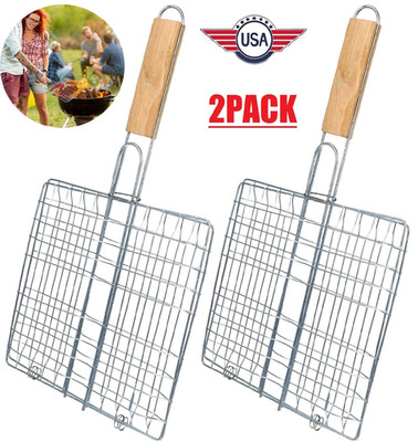 2× Grill BBQ Net Barbecue Grilling Basket Steak Meat Fish Vegetable Holder Tool